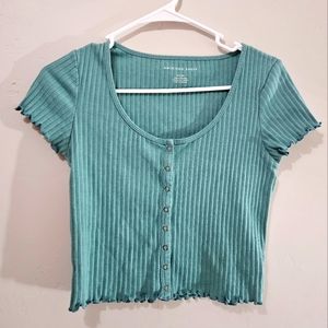 American Eagle Medium Green Ribbed Button-Up Shirt Size S